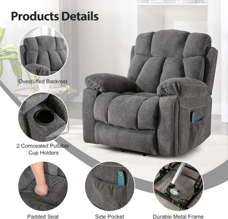 Large Power Lift Recliner Chair with Massage and Heat for Elderly, Overstuffed Wide Recliners with 2 Cup Holders, Side Pocket and USB Port, Dark Gray