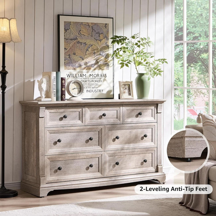 Farmhouse 7 Drawers Dresser for Bedroom, 54" Wide Wood Rustic Chest of Drawers W/Roman Column, Wooden Storage Dressers Organizer for Bedroom, Living Room, Light Rustic Oak