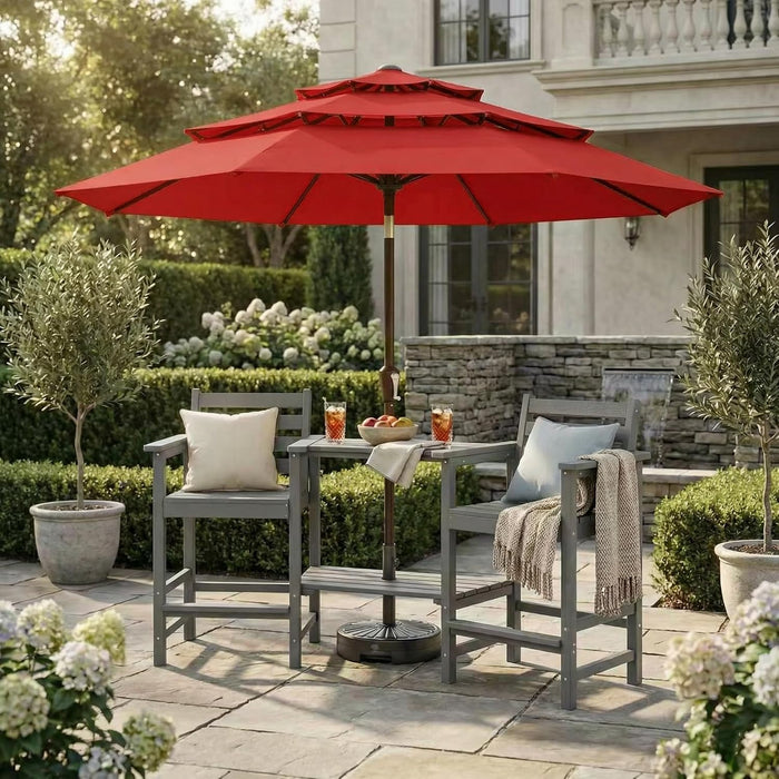 9Ft 3-Tier Patio Umbrella, Outdoor Table Umbrella with Easy Crank & Tilt, 8 Reinforced Ribs, UV Protection for Deck, Pool, Market, Backyard (Red)