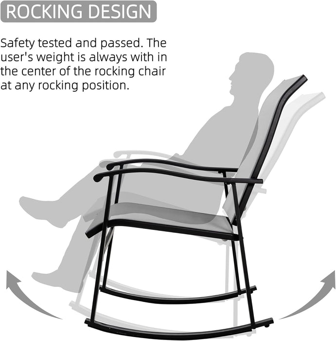 3 Piece Outdoor Rocking Bistro Set, Textilene Fabric Small Patio Furniture Set, Front Porch Rocker Chairs Conversation Set with Glass Table for Lawn, Garden, Balcony, Poolside (Light Gray)