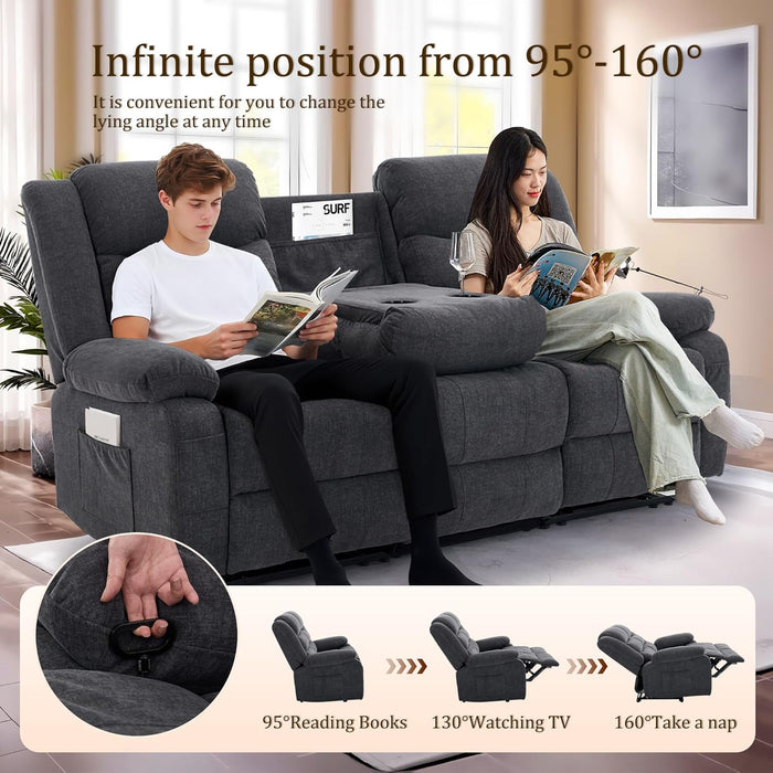 Recliner Sofa, Reclining Loveseat with Console, Oversized Reclining Couch with Drop down Table, 3-Seater Sofa with Cup Holder and Recessed Power Strip, Grey