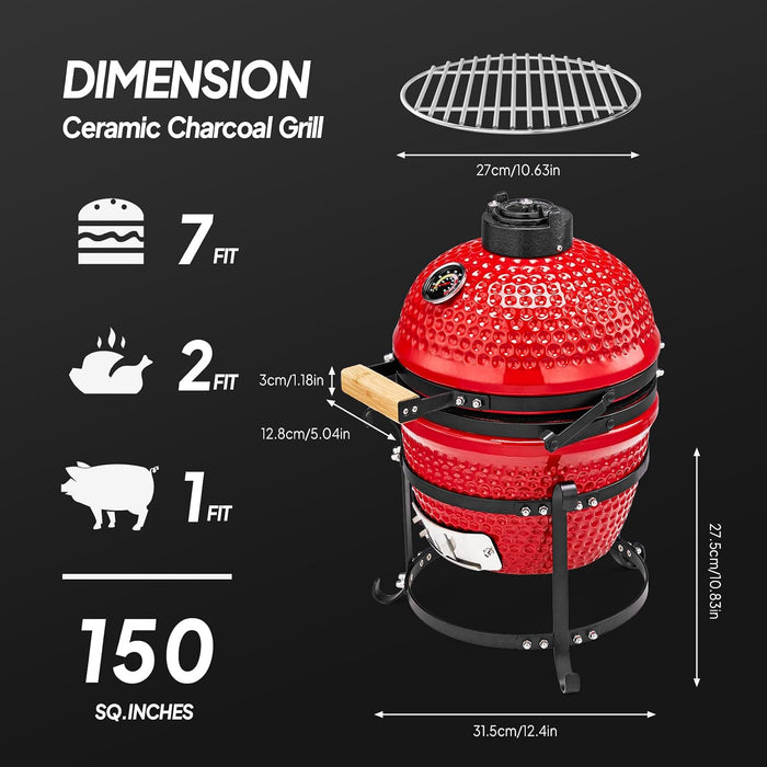13IN Red Spherical Ceramic Charcoal Grill with Inner Liner, Portable BBQ Smoker for Outdoor Cooking, Camping, and Backyard Grilling