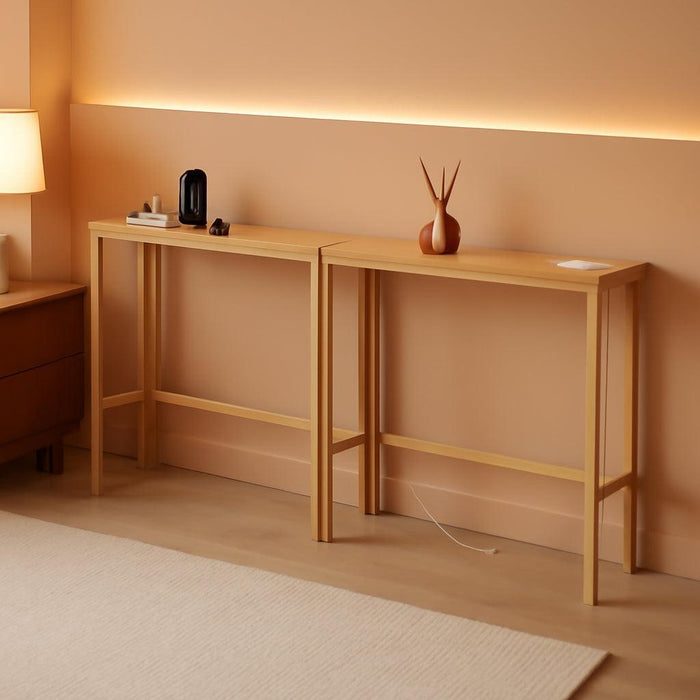 2 Pack 5.9" Narrow Console Sofa Table with Power Outlets, 5.9" Dx39.4 Wx31.1 H Bamboo behind Couch Table with Charge Station, Natrual