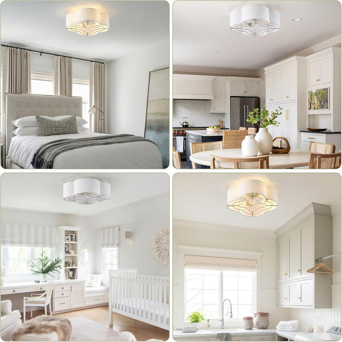 Caged Ceiling Fan with Light, Rattan Flush Mount Ceiling Fans with Lights Remote Control, Low Profile Fabric Enclosed with 6 Speeds for Bedroom, Living Room, Foyer, Nursery (White)