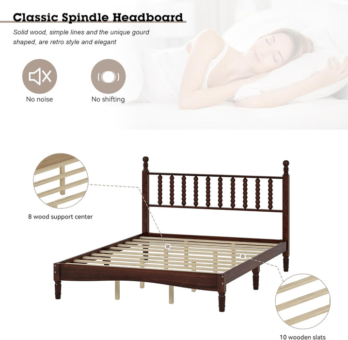 Walnut Wood Bed Frame Queen Size with Spindle Headboard, Queen Platform Bed with Wooden Slat Support, Retro Style Spindle Beds for Boys Girls Kids Adults Toddler, Easy Assembly