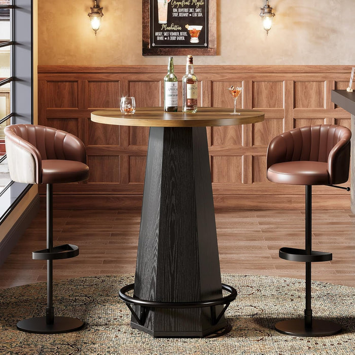 round Bar Pub Table, 39.4" H Bistro Cocktail Table with Metal Footrest for Drinking & Gathering, Industrial Home Bar High Top Unit, Small Spaces, Brown & Black