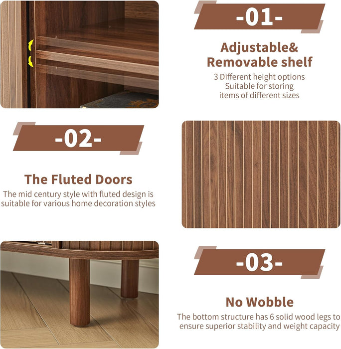 70.87”Tambour TV Stand for 50-80 Inch, Mid Century Entertainment Center with Large Storage Cabinet & Open Shelves, TV Console with Sliding Doors for Living Room, Bedroom(Walnut, 70.87Inch)