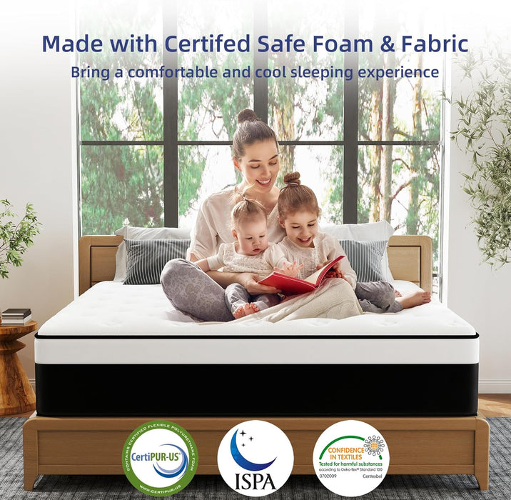 Full Mattress, 12 Inch Full Hybrid Mattress in a Box with Memory Foam, Medium Firm, Euro Top, Reinforced Edge Support, Pressure Relief & Motion Isolation, Certipur-Us Certified