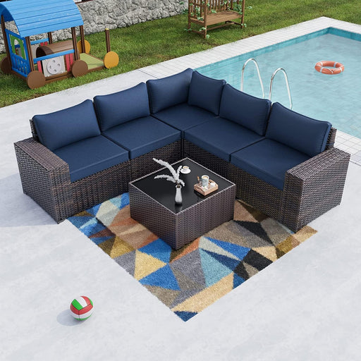 6PCS Outdoor Patio Furniture Set PE Wicker Rattan Sectional Sofa Patio Conversation Sets,Navy Blue