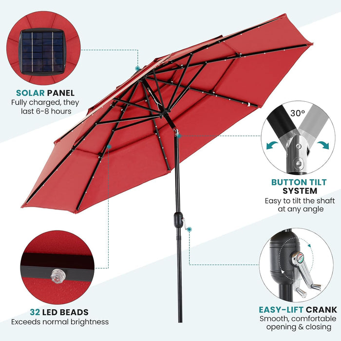 10Ft Solar Patio Umbrella with 32 LED Lights, Table Market Umbrella with Tilt Adjustment & Crank Lift, Outdoor Sun Shelter for Garden, Deck, Backyard, Pool and Beach