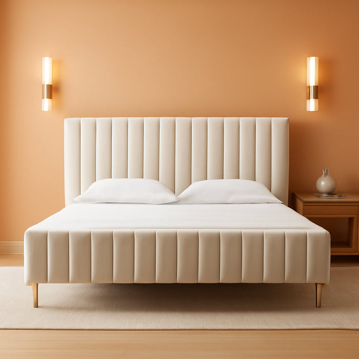 King Size Elton Velvet Platform Bed, Upholstered Bed Frame with Vertical Channel Tufted Headboard Footboard, Strong Wood Slats, No Box Spring Needed, Ivory (King)