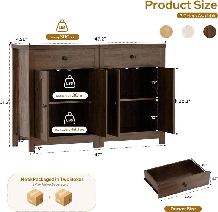 Arched Sideboard Buffet Cabinet 47" W, 2PCS Cracked Oak | Modern Coffee Bar Cabinet, 1 Drawer & 2 Doors, Adjustable Shelves, Accent Kitchen Sideboard with Storage