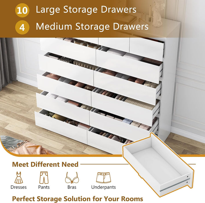 59" W 59" H White Bedroom Dresser, 14 Drawer Large Tall Chest of Drawers