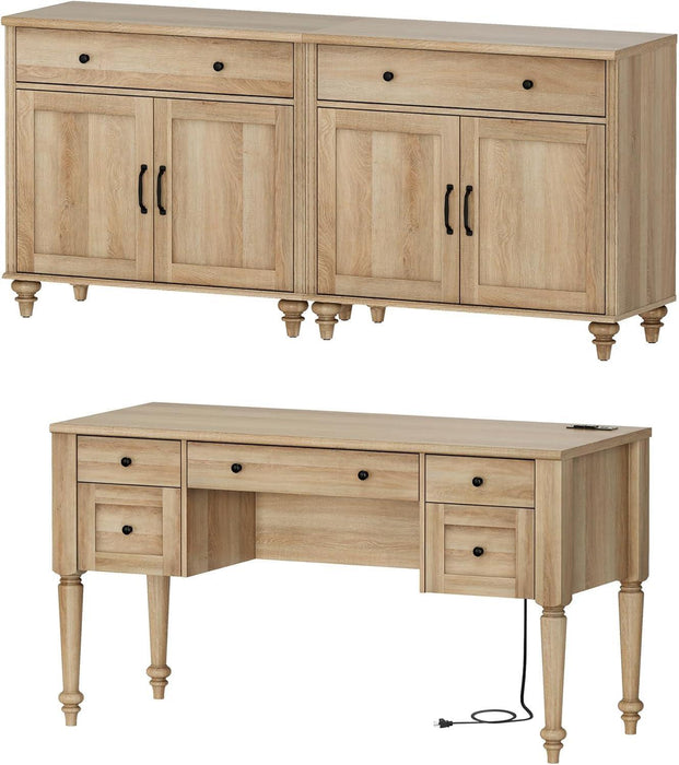 56 Inch Oak Executive Desk With IntegratedChargingSystem