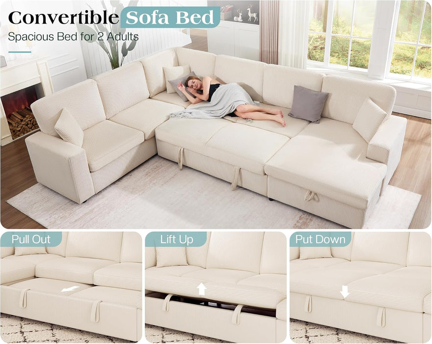 130Inch Beige Corduroy Sectional Sofa Bed StorageCompartment