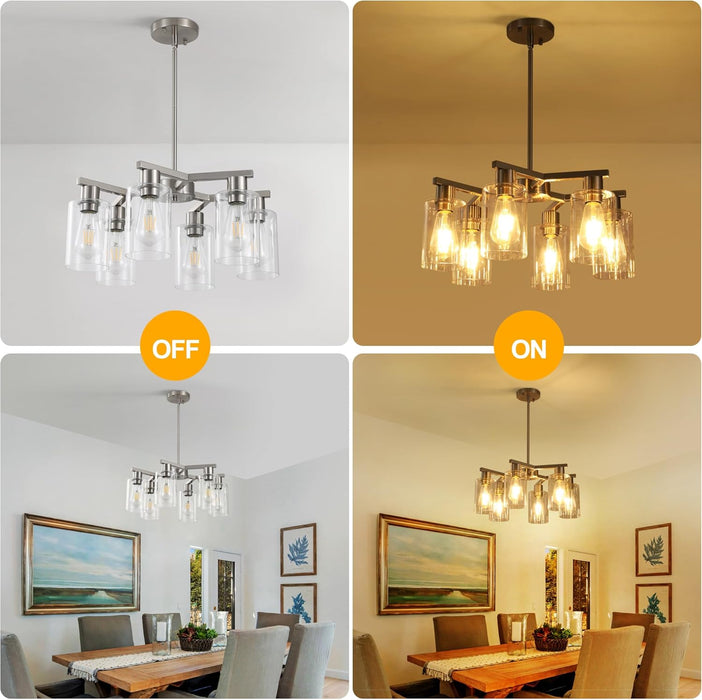 Brushed Nickel Six Light Farmhouse Chandelier Glass