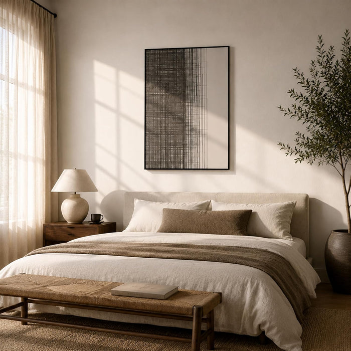 Framed Abstract Wall Art, Large Minimal Neutral Line Canvas Wall Art | Neutral Grey Grid Texture, Modern Minimalist Textured Painting for Living Room & Bedroom, Ready to Hang, 48X32 Inch