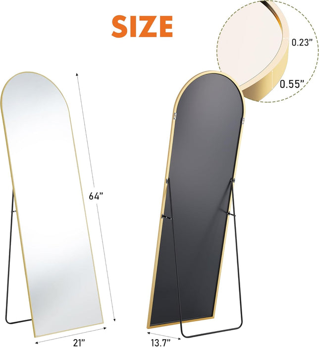64"X21" Arched Full Length Mirror, Leaning or Standing Full Body Mirror with Aluminum Alloy Thin Frame, Suitable for Bedroom or Cloakroom,Gold