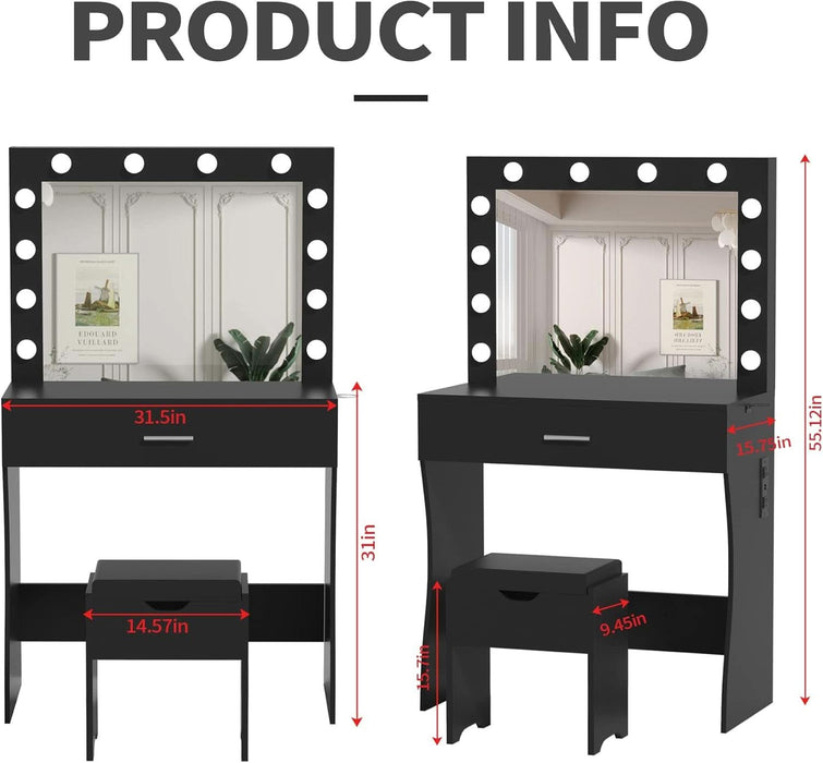 Vanity Table Set with 12 Light Bulbs, Makeup Dressing Table with Big Drawer & Mirror, Dresser Desk for Bedroom, Living Room Black