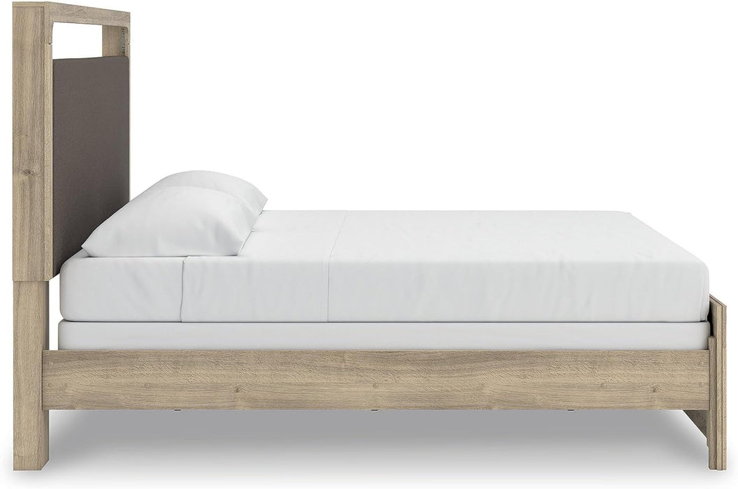 Signature Design by Ashley Hollymount King Size Bedframe, Bed Frame with Upholstered Panel Headboard, Touch LED Lighting with 3 Brightness Levels, Warm Oak Finish