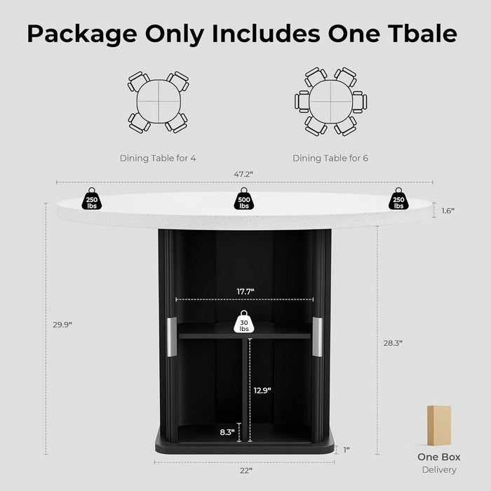 round Dining Table for 4, 47 Inch Modern Farmhouse Kitchen Table with Storage Shelf and Wood Slide Doors, Circle Dinner Table with Quartz Top and Wood Grain Base for Dining Room Kitchen (Black)