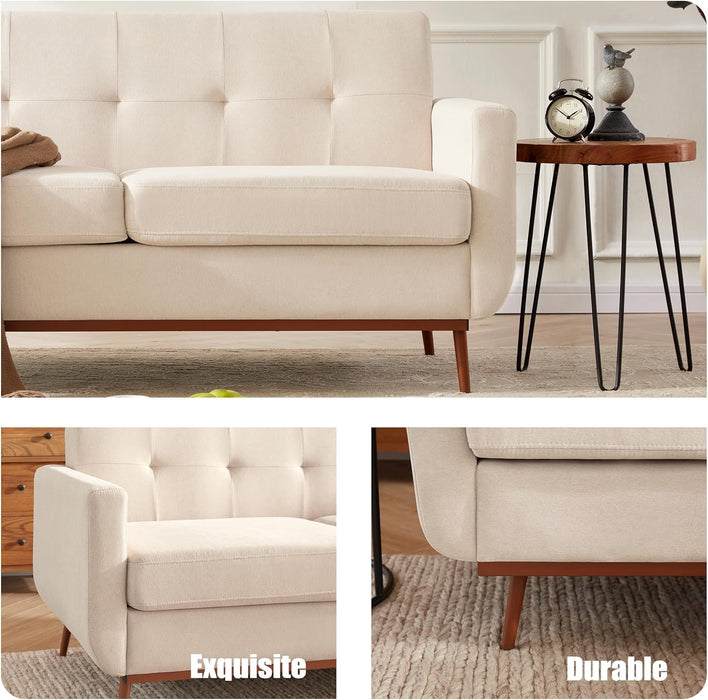 Beige Mid-Century Loveseat Sofa: Easy Assembly, Solid Wood