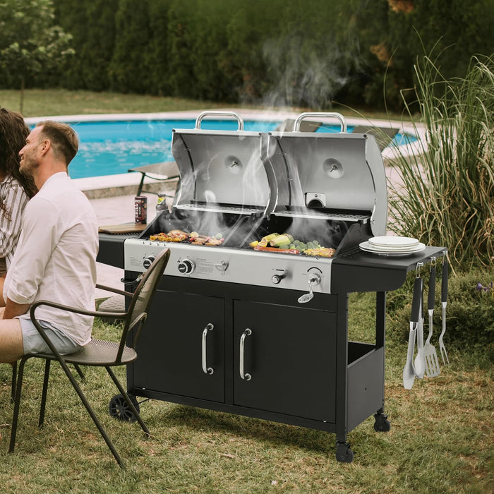 ZH3002N Propane Gas and Charcoal Grill Combo, Dual Fuel BBQ Grill with 2 Side Shelves for Outdoor Patio Garden Backyard Barbecue, 20,000 Btus, Silver & Black