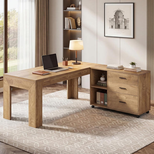 63'' L Shaped Office Desk with Drawers and Shelves,Large Executive Desk with Rolling File Cabinet Combo,Home Office Computer Desk,Brown