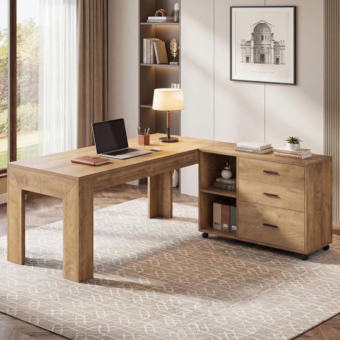 63'' L Shaped Office Desk with Drawers and Shelves,Large Executive Desk with Rolling File Cabinet Combo,Home Office Computer Desk,Brown