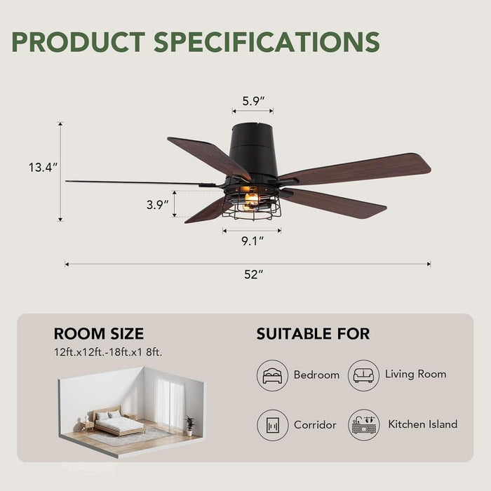 52 Inch Ceiling Fans with Lights, Farmhouse Ceiling Fan with Lights and Remote, Noiseless DC Motor, Black Flush Mount Ceiling Fan for Bedroom Living Room Indoor Outdoor