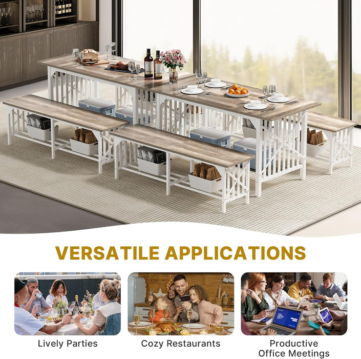 3-Piece Dining Table Set for 4-6 People, 63" Dining Room Table with 2 Benches, Industrial Rectangular Dining Room Table Set with Storage for Kitchen, Dining Room, Washed Grey