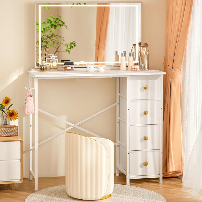 Vanity Desk No Mirror, Small Makeup Vanity with 4 Fabric Drawers, White Dressing Table for Small Spaces, 35.4 Inches Girls Makeup Table Bedroom