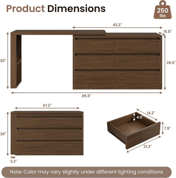 6 Drawer Double Dresser for Bedroom, L Shaped Modern Simply Chest of Drawers, Wood Storage Corner Dresser with Anti-Tipping for Living Room Entryway Home Office, Walnut