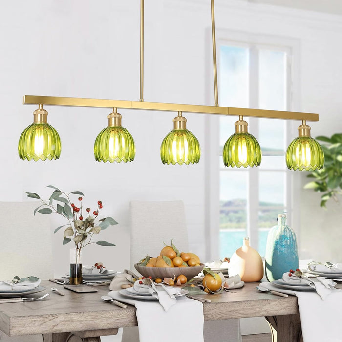 Gold Pendant Chandelier With Emerald Floral GlassShade