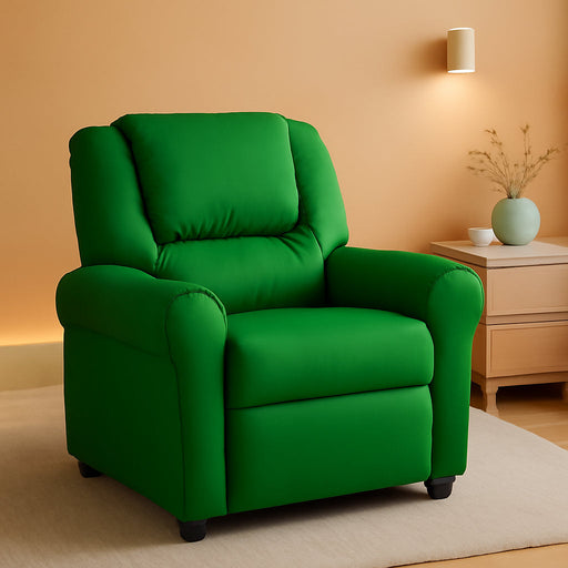 Vana Vinyl Kids Recliner with Cup Holder, Headrest, and Safety Recline, Contemporary Reclining Chair for Kids, Supports up to 90 Lbs., Green