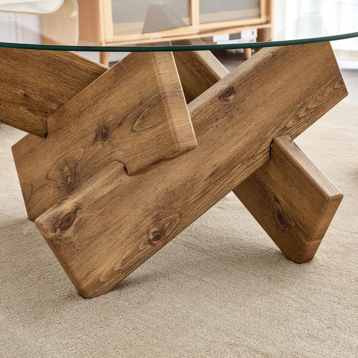 Round Glass Top Coffee Tables for Living Room, 33.4 Inch Rustic Farmhouse Center Table, Mid Century Circle Cocktail Table with Wood Crossed Legs