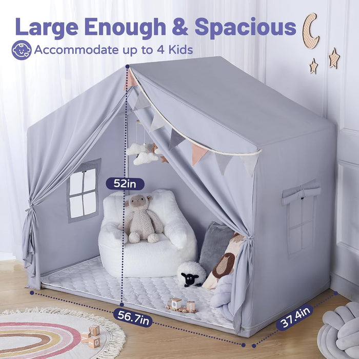 Kids Play Tent Indoor - with Mat, Star Lights - Large Toddler Tents Playhouse for Girls Boys, Bed Tent for Bedroom inside Birthday Gifts Toys(Gray)