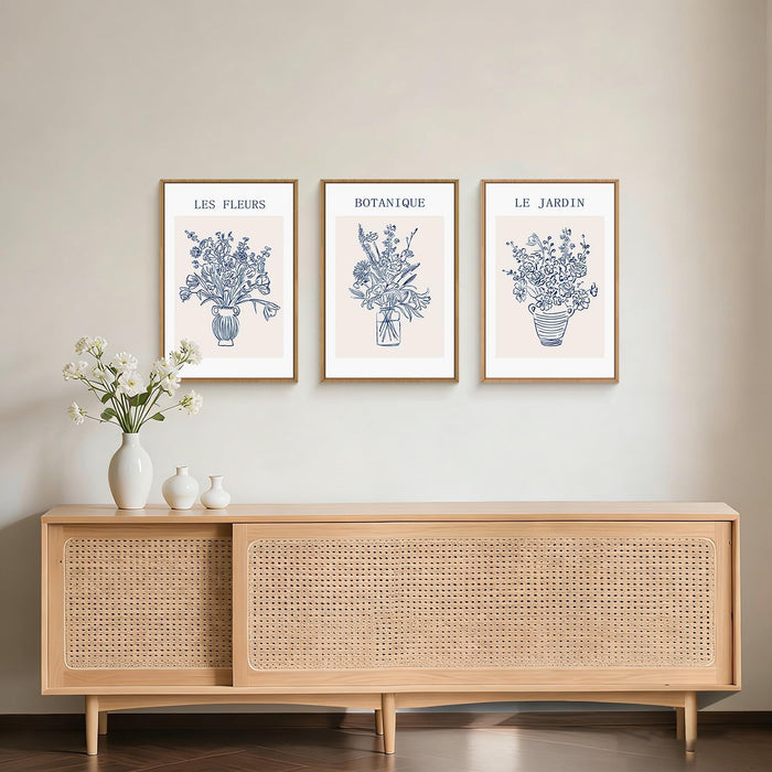 Blue Botanical Flower Framed Canvas Wall Art,Modern Aesthetic Wall Decor,Abstract Navy Blue Painting,Minimalist Line Wildflower Artwork for Living Room,Bedroom,Dining Room -16"X24"X3