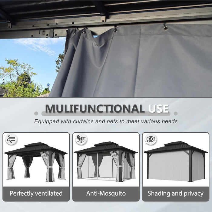 10' X 14' Hardtop Gazebo, Aluminum Metal Outdoor Gazebo with Galvanized Steel Double Roof, Permanent Patio Pavilion with Breathable Netting and Curtains for Dining, Wedding, Party