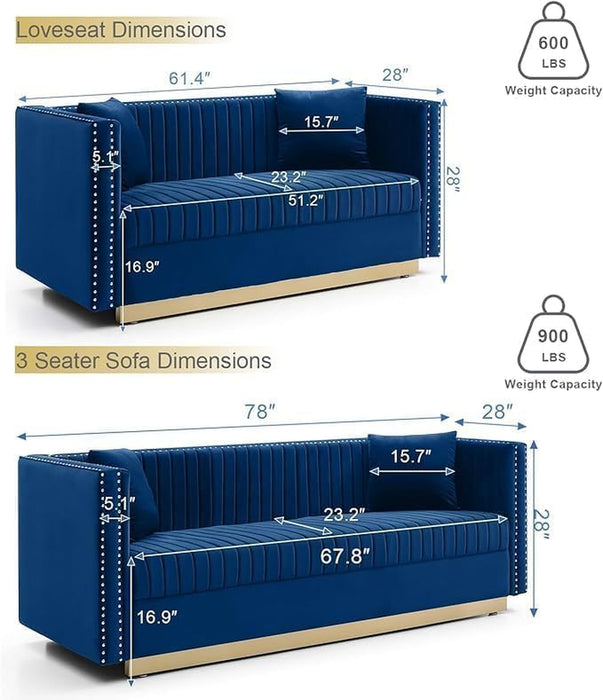 Velvet Sofa Set: Modern L Shaped Couch and Loveseat Set with Gold Metal Legs and Nailhead for Living Room, Apartment and Office (Blue)