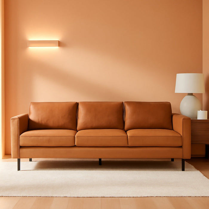 Valencia Varese 90” Cognac Tan Brown 3 Seater Full Leather Sofa - Italian Nappa Leather Modern Cloud Couch for Living Room/Apartment Furniture - Lounge Sofa with Removable Cushion