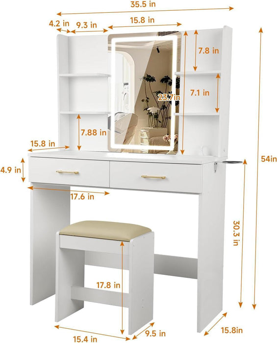 White Vanity Set with LED Mirror & Stool, Makeup Desk with Built-In Power Outlet (2 AC & 2 USB), 2 Large Drawers & 6 Shelves, Lighted Dressing Table for Bedroom Organization