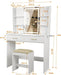 White Vanity Set with LED Mirror & Stool, Makeup Desk with Built-In Power Outlet (2 AC & 2 USB), 2 Large Drawers & 6 Shelves, Lighted Dressing Table for Bedroom Organization