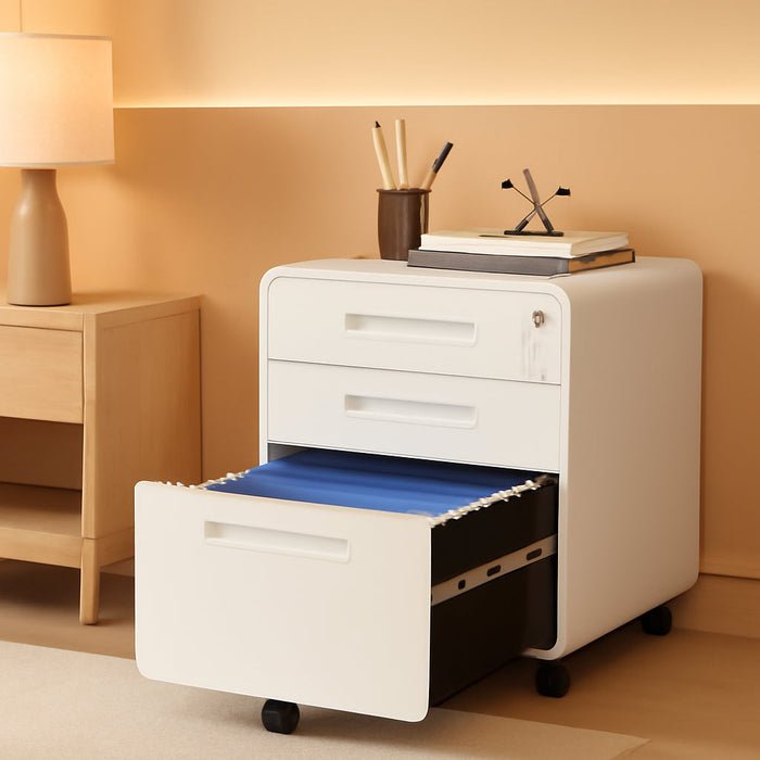 Mobile Filing Cabinet 3 Drawer, White Small File Cabinet with Lock under Desk, Filing Cabinet for Home Office with Wheels, A4/Letter/Legal Hanging File Folders
