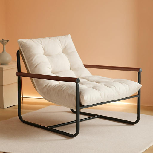 Modern Accent Chair, Comfy Living Room Chair with Metal Frame Wooden Armrest, Upholstered Armchair with Soft Cushion for Bedroom Balcony Lounge Reading Room, Beige