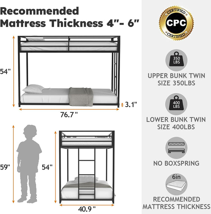 Twin over Twin Bunk Bed, Metal Low Profile Bunkbeds with Full-Length Guardrail and Ladder, Space Saving, No Boxing Spring Needed, Black