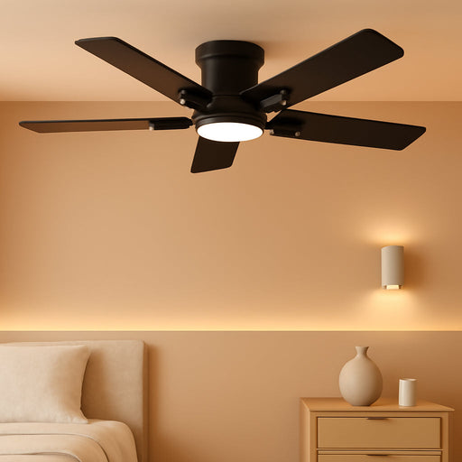 42 Inch Black Ceiling Fans with Lights and Remote, Flush Mount Low Profile Ceiling Fan for Bedroom, Living Room, Patio, Dimmable 6 Speeds Noiseless Reversible, ETL Listed