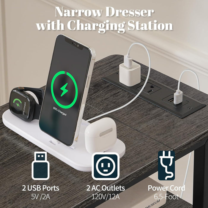 Narrow Dresser for Bedroom, LED Skinny Nightstand with Charging Station, Small Dresser Night Stand, Slim Tall Bedside Table Storage Cabinet, Narrow Side Table for Small Spaces