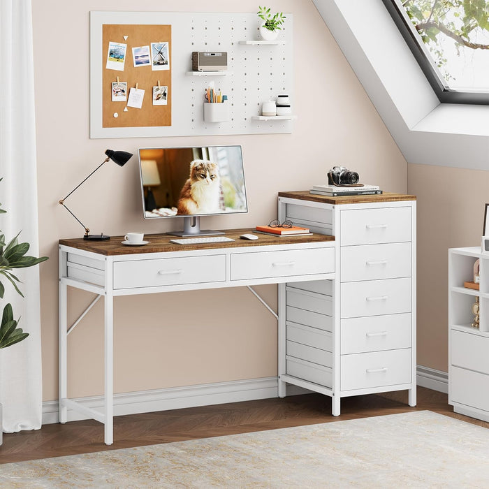 Vanity Desk with 7 Drawers, 55 Inch Makeup Vanity Table with Reversible Drawer for Women, Girls, White and Brown (Without Mirror)