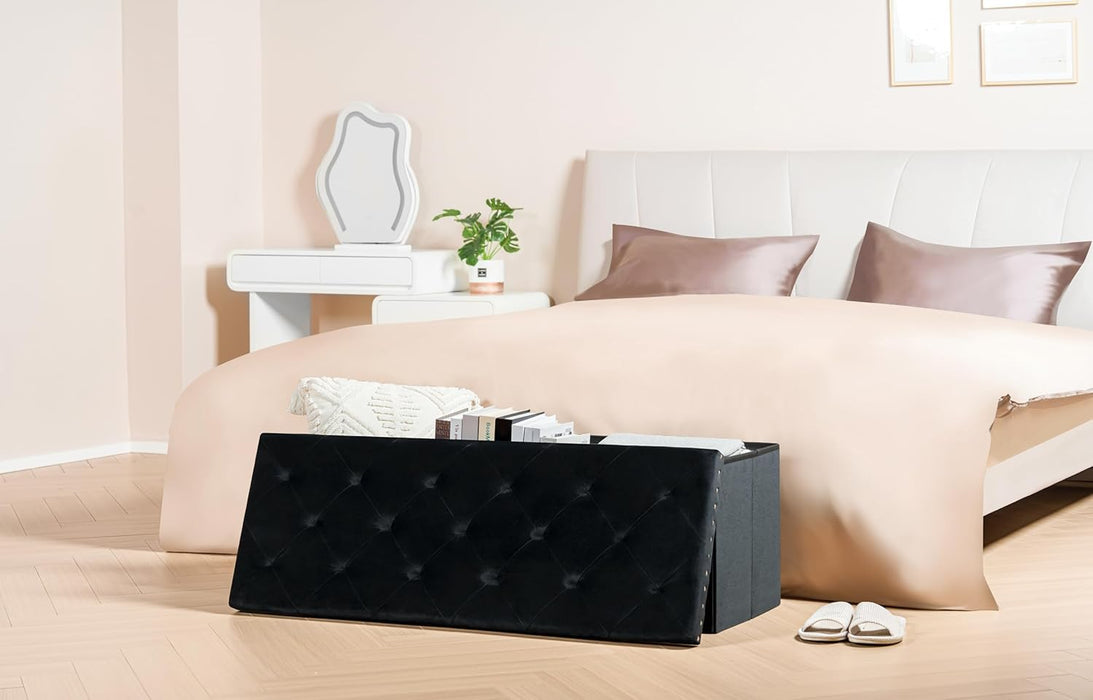 Black Storage Ottoman Bench for Bedroom, Folding Velvet Chest with Benches Foot Rest Stool, Large Long Shoes Chest for Bedroom, Living Room, 43.3"X15.7"X15.7"
